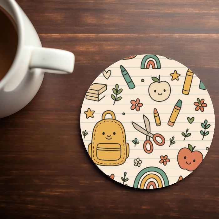 Back to School Pattern, Beige- 4x4 Neoprene Coaster