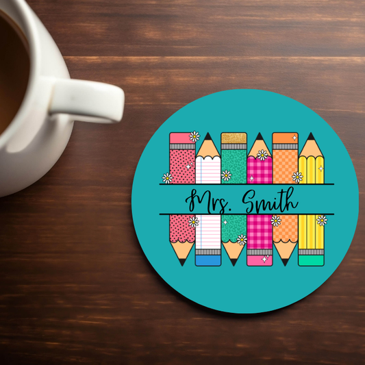 PERSONALIZE -Pencils, Teal - 4x4 Neoprene Coaster