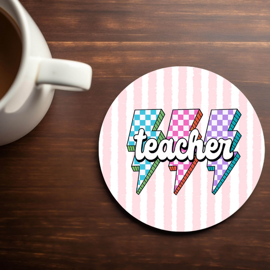 Teacher Lightning Bolt, pink/white- 4x4 Neoprene Coaster