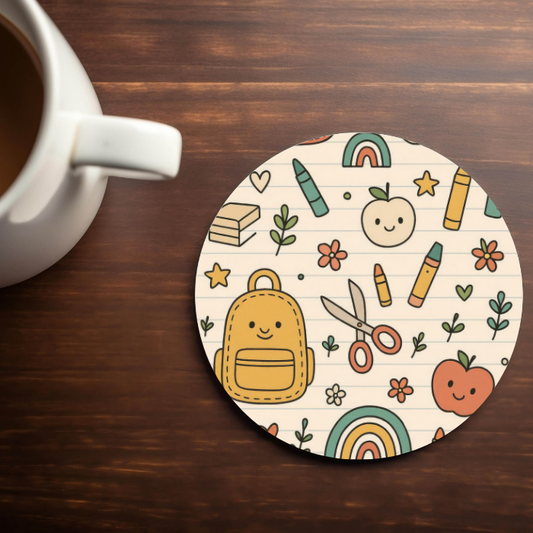 Back to School Pattern, Beige- 4x4 Neoprene Coaster